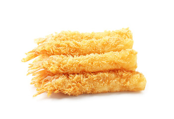 Many tasty tempura shrimps isolated on white