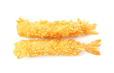 Two tasty tempura shrimps isolated on white, top view