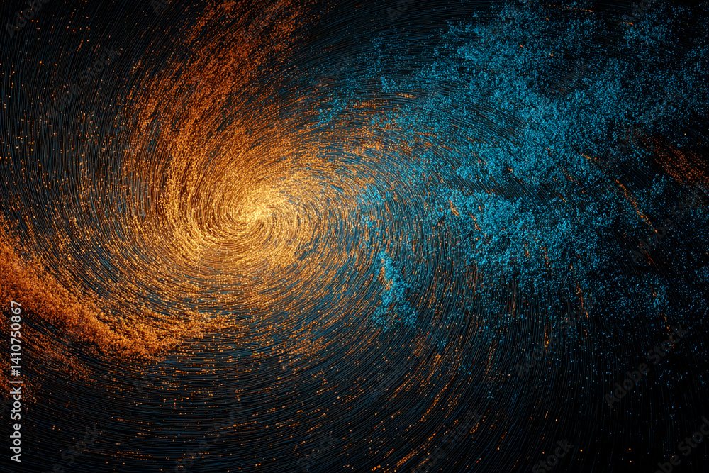 Poster Abstract swirling pattern in orange and teal on black background, creating a dynamic and energetic visual effect, representative of movement, energy, and cosmic phenomena