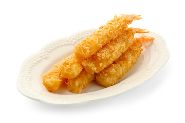 Many tasty tempura shrimps isolated on white