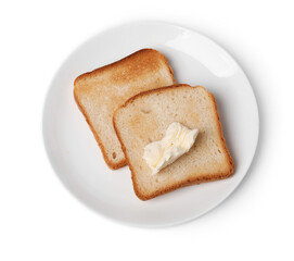Tasty toast bread with butter isolated on white, top view