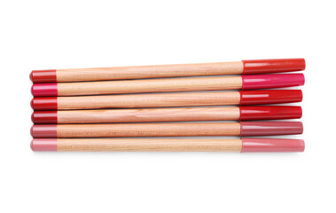Lip pencils isolated on white, top view. Cosmetic products