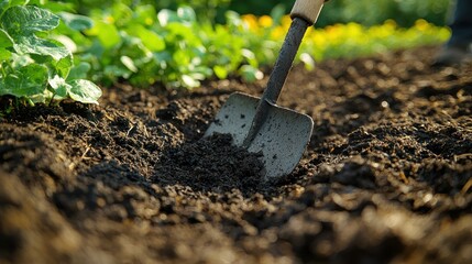 Gardening Shovel digs in dark earth, ready to plant, with greenery behind