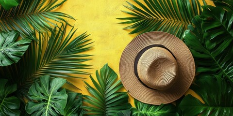 Tropical summer flat lay featuring a straw hat surrounded by lush green leaves on a vibrant yellow background