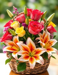 Fototapeta premium Vibrant roses & lilies in a woven basket, colorful spring bouquet, beauty, lilies