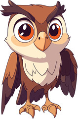Cartoon depiction of an owl standing with big eyes, expressive eyebrows, and brown and beige plumage, set against a dark background.