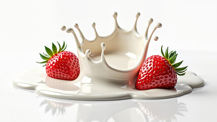 milk or yogurt splash with strawberries isolated on white background, 3d rendering.