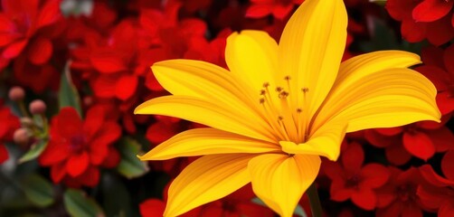 Fototapeta premium Vibrant yellow petals contrast sharply with rich crimson red background of surrounding blooms, wallpaper, image, bright
