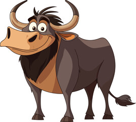 Cartoon wildebeest stands with a friendly smile, its horns curved and eyes wide open. A playful take on this wild African animal.