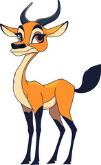 Cartoon illustration of a stylized antelope. It features a sleek design, vibrant colors, and expressive eyes. Isolated on black background.