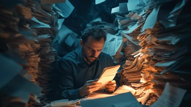Businessman in pile of papers, working hard, stressed and tired.
