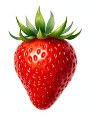 A vibrant strawberry with glossy red skin and green leaves on a white background.