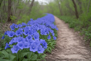 Obraz premium Blooming Blue Flowers Along a Forest Path Inviting Spring Nature Walk
