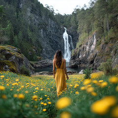 Woman in yellow dress standing in flower field facing waterfall in the mountain and blooming nature by spring