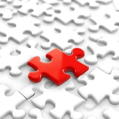 Fototapeta premium Single Red Puzzle Piece Among White Ones Standing Out Concept of Uniqueness