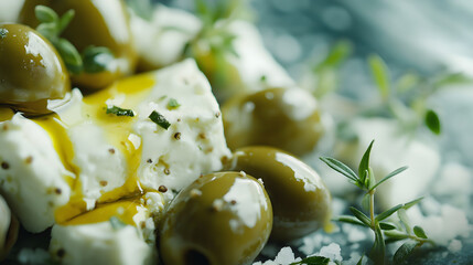 Close-up of green olives, feta cheese and olive oil with herbs and sea salt. Perfect Mediterranean appetizer in rustic style.