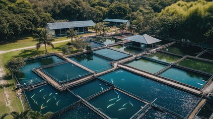 Aerial View of Koi Fish Farm in Lush Green Surroundings: Serene Aquaculture Landscape