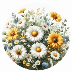 Obraz premium Watercolor bouquet of white daisies in round floral composition with green leaves and wildflowers, soft botanical illustration on clean background, concept of stationery, nature decor, print design