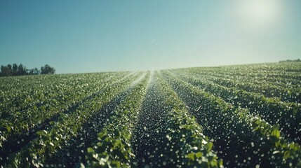 Vast Green Field Irrigated Under Bright Sunlight: A Serene Agricultural Scene