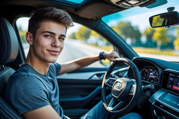 A young man driving a modern car