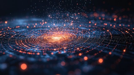 Glowing rings with rising particles. Data flow. Technology aesthetic, digital