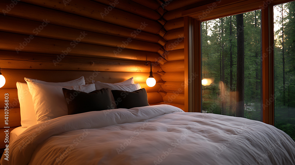 Poster cozy log cabin bedroom with forest view. warm lighting and plush bedding create a relaxing getaway i