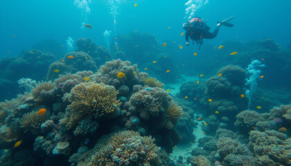 Fototapeta premium Scuba diver exploring a vibrant coral reef teeming with marine life in the clear waters off the coast of Pakistan in 2025.