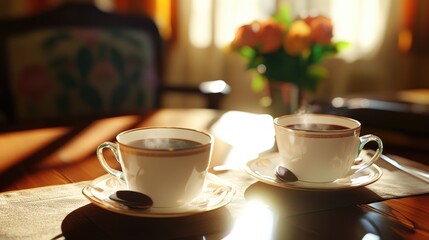 Aromatic Morning Coffee Cups Basking in Warm Sunlight on Wooden Table