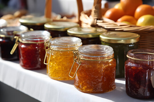 Freshly made fruit preserves displayed at a market stall showcasing local produce and artisanal foods