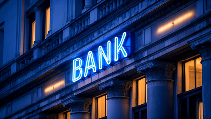 Obraz premium Blue neon bank sign glows on elegant stone facade