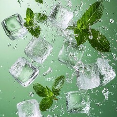 A moment of ice cubes and green mint leaves falling into water, raising water splashes. Generative AI