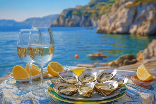 Elegant seaside dining with fresh oysters and white wine