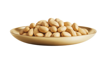 A tempting assortment of mixed nuts like pistachio elegantly served on a shiny gold plate isolated on white background or transparent png 
