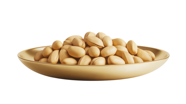 A tempting assortment of mixed nuts like pistachio elegantly served on a shiny gold plate isolated on white background or transparent png 