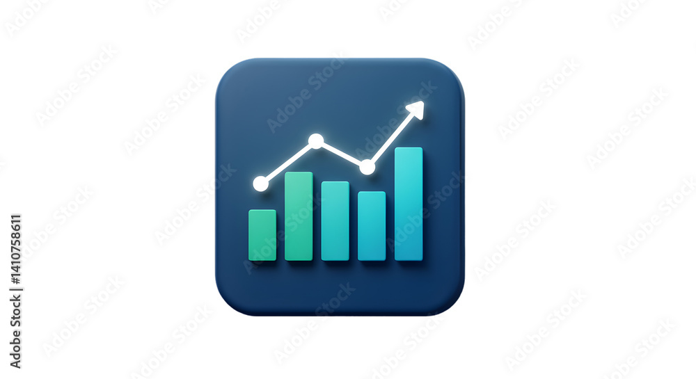 Poster a blue square icon with a rising bar graph and a white line graph on a black background display