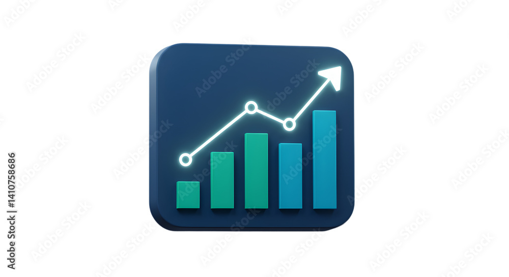 Poster a blue square icon showing a bar graph with an upward trending white line on a black background desi