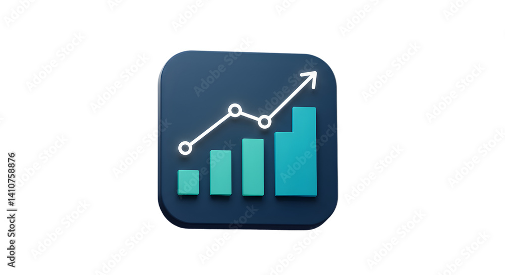 Poster illustration of a bar graph with an upward trending line on a dark blue rounded square shape