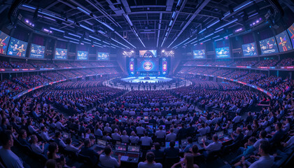 Naklejka premium Large crowd attending an esports tournament in a stadium in Pakistan, watching players compete on a big screen.