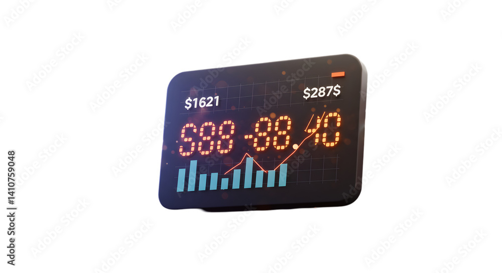 Poster a close up of a digital display showing stock market data with charts and dollar values on black bac