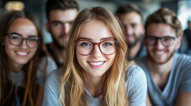 Group of young adults smiling, looking at camera, wearing glasses