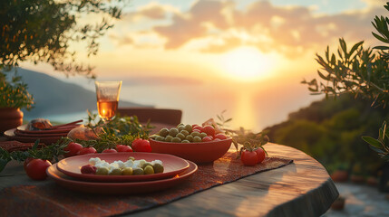 Scenic dinner setup on terrace with sea view at sunset. Olives, feta, tomatoes and wine create perfect Mediterranean moment.