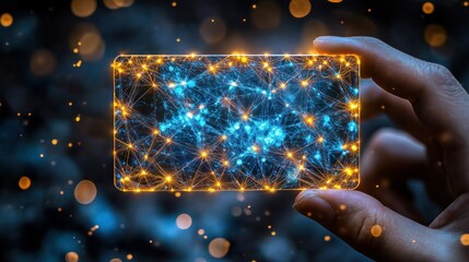 Hand holding glowing, connected network overlay on transparent card