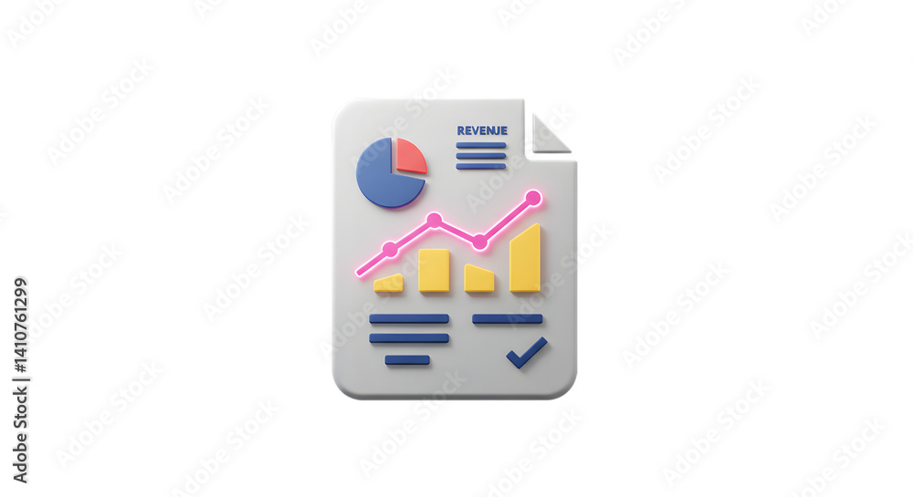 Poster a stylized revenue report with a pie chart bar graph and a rising line graph on a white background