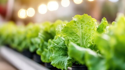 Vibrant Green Lettuce Plants Growing in a Greenhouse Setting Under Soft Lighting