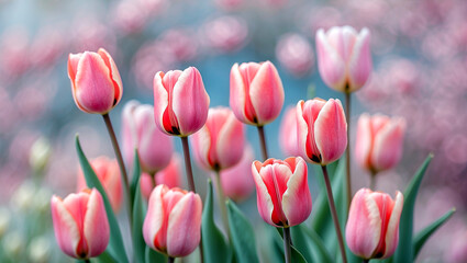 Delicate pink tulips blooming in springtime soft focus