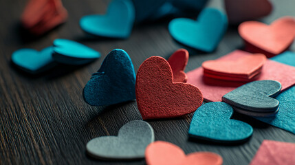 Fototapeta premium Close-up of textured hearts in red, blue, and gray hues scattered on dark wood, suggesting love, Valentine's Day, or romantic concepts. Free space available