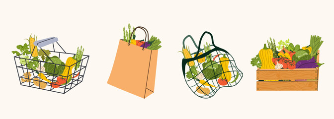 Set of bag food grocery market made of natural materials for eco-friendly shopping. Eco product ecology reusable organic nutrition isolated set. Zero waste concept plastic free concept.