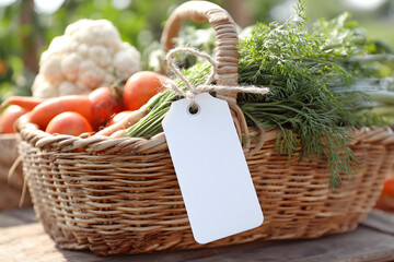 Fresh vegetables in a wicker basket with a blank tag ready for market at a local farm during summer with empty tag mockup