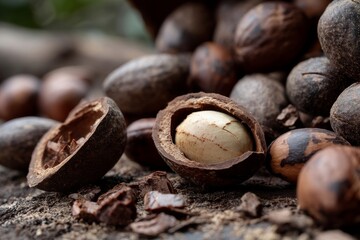 Detailed shot of shea nuts, revealing the texture of both the shell and the creamy inside.