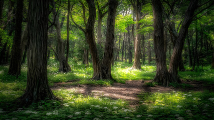 Obraz premium Sunlight Filtering Through Forest Trees